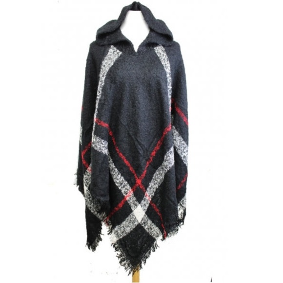 SOLD OUT SALE Plaid Knit Fringe Hoodie Cape Poncho Sweater - Picture 3 of 5